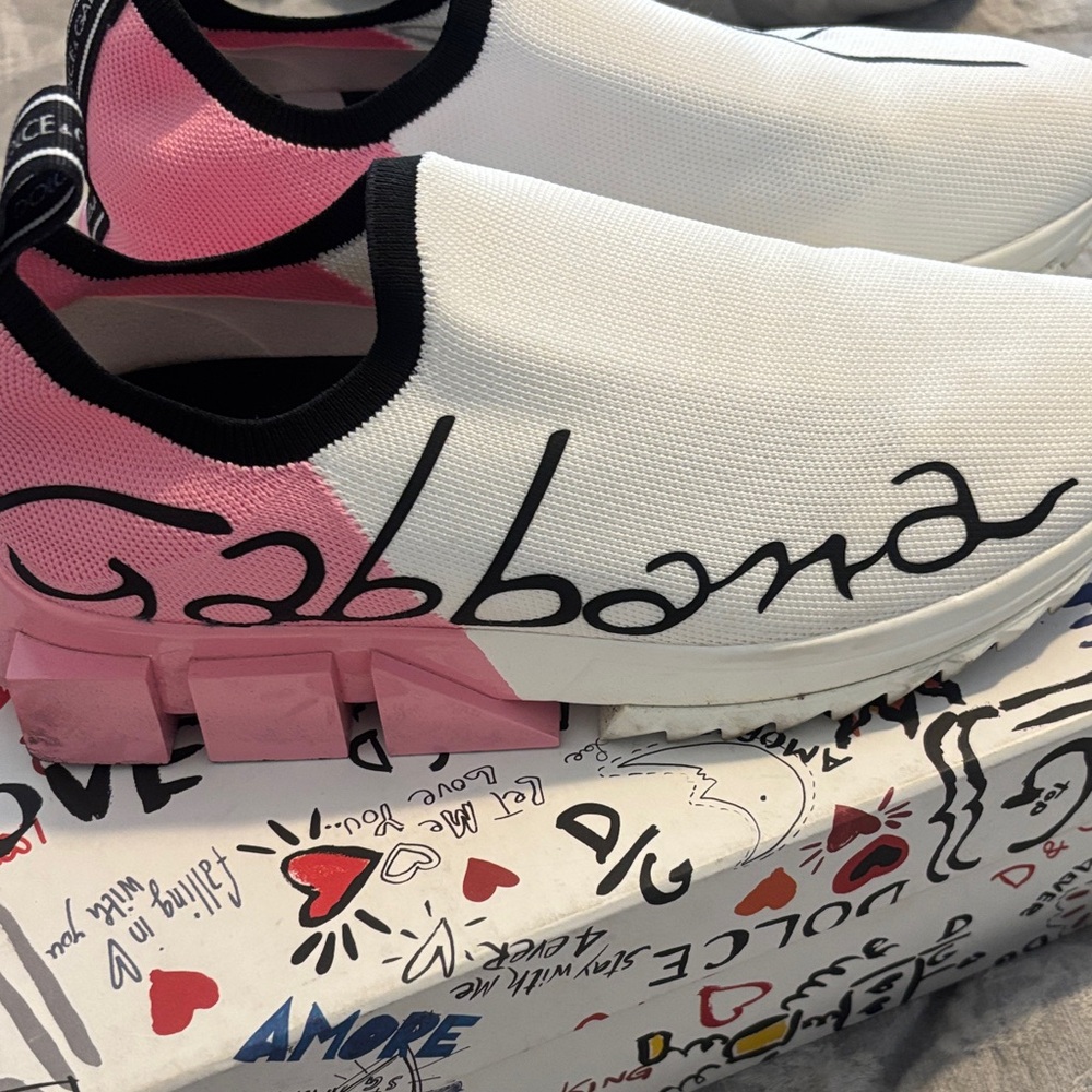 Dolce & Gabbana Pink and White Slip-On Sneakers